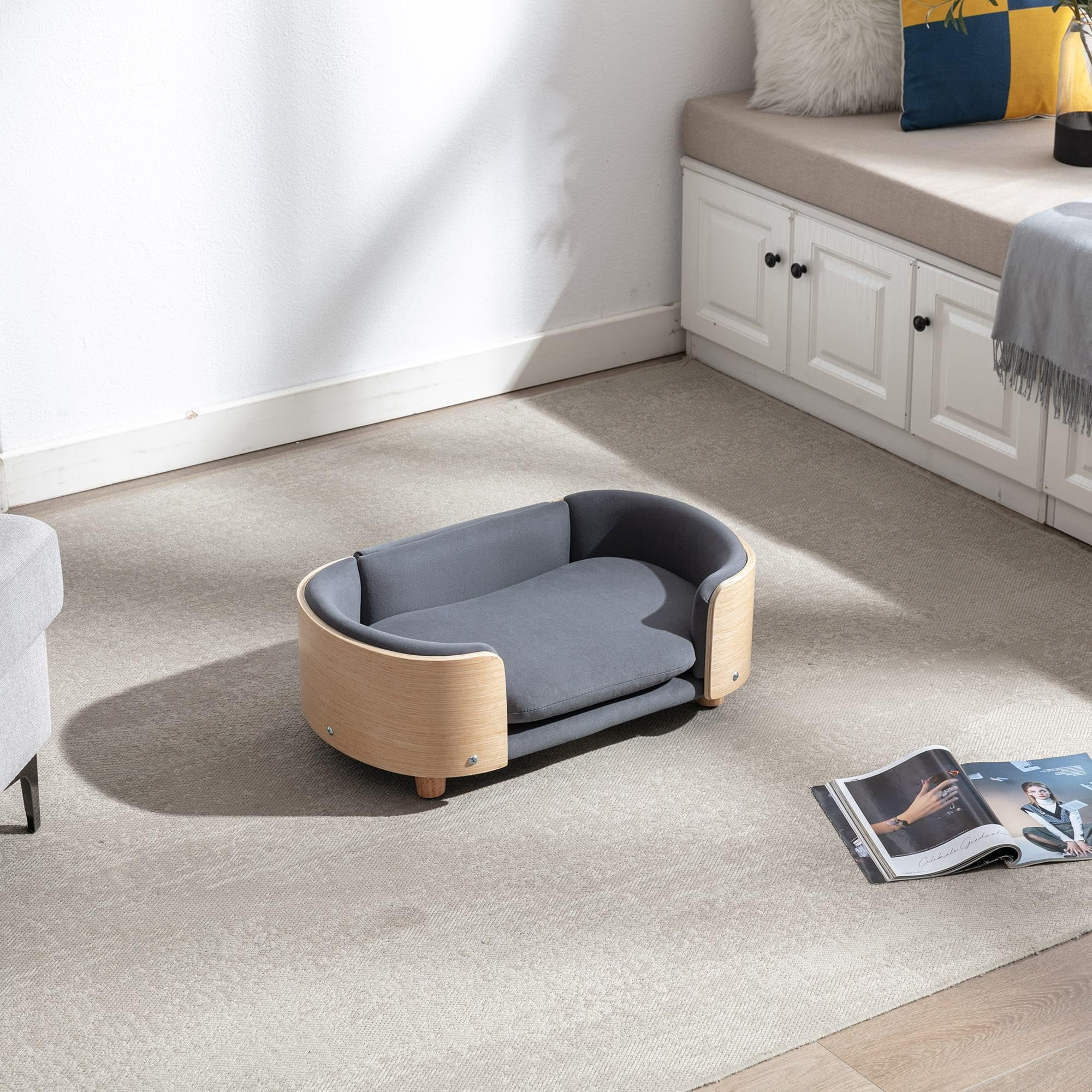Scandinavian Style Elevated Dog Bed Pet Sofa with Solid Wood Legs and Bent Wood Back, Velvet Cushion, Small Size, Natural Frame & Dark Grey Cushion