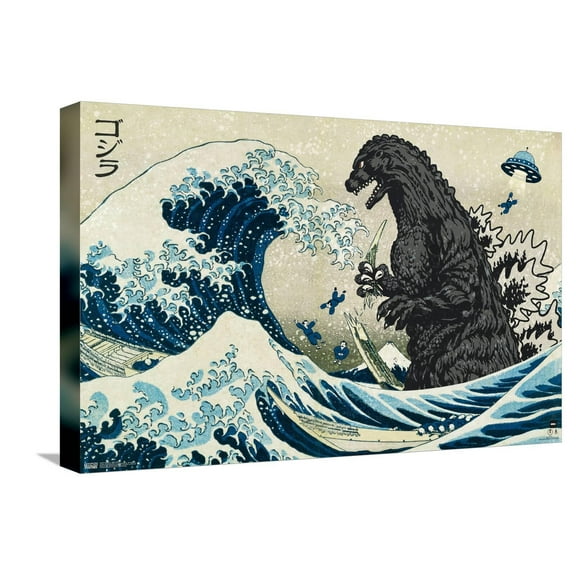 Godzilla - Great Wave Canvas Wall Poster, 14.725" x 22.375"