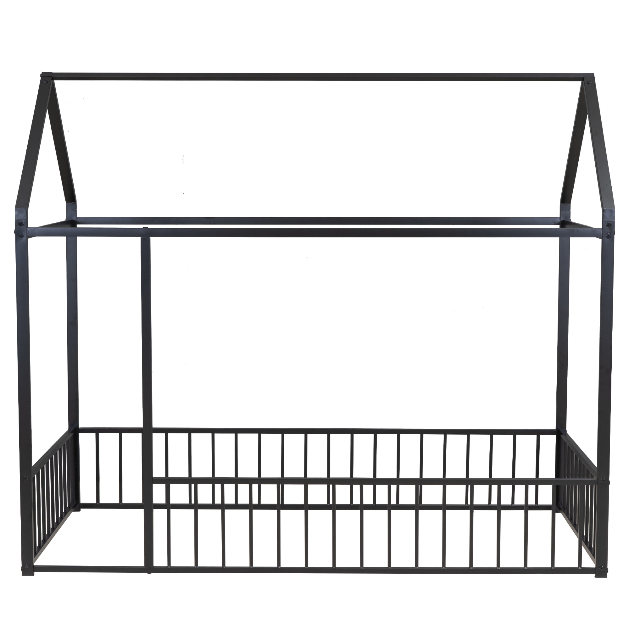 Gewnee Twin Size Metal House Bed frame with Fence,Montessori Floor Bed for Toddler and Kids,Black