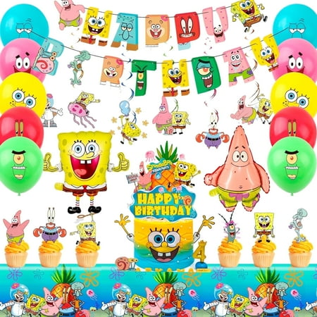 SpongeBob Birthday Party Supplies, SpongeBob Party Decorations Set - SpongeBob Birthday Banner Tablecloth Spiral Decorations & SpongeBob Balloon Cake Topper etc SpongeBob Party Supplies