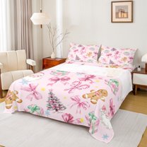 Homewish Cute Bowtie Ribbon Full Size Sheets,Kawaii Gingerbread Man Bed Sheets,Pink Brown Sheet Sets For Girls Kids,Ultra Soft Home Decor,4 Pieces