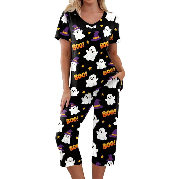 Women Halloween Pajamas Set Print Halloween Pj Set 2-Piece Outfit Short Sleeve Top and 7/8 Pants for Parties, Daily Wear Black L