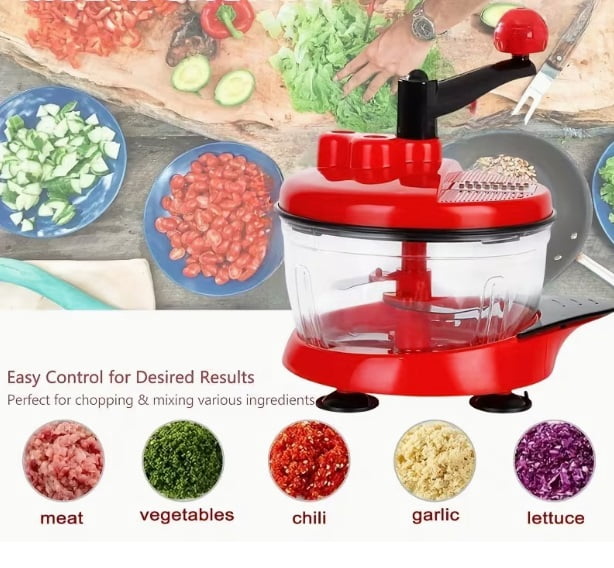 Multi-Functional Manual Food Processor - Vegetable Chopper, Garlic Press, Hand Crank Mixer with Transparent Container for Vegetables, Meat, Fruits, Nuts, Herbs, and Green Onions (Includes Base)
