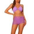 thumbnail image 1 of Conjuntos de bikini de anillo con halter para mujeres, traje de baño de 3 piezas con falda de malla con cordón, color púrpura medio, 1 of 5