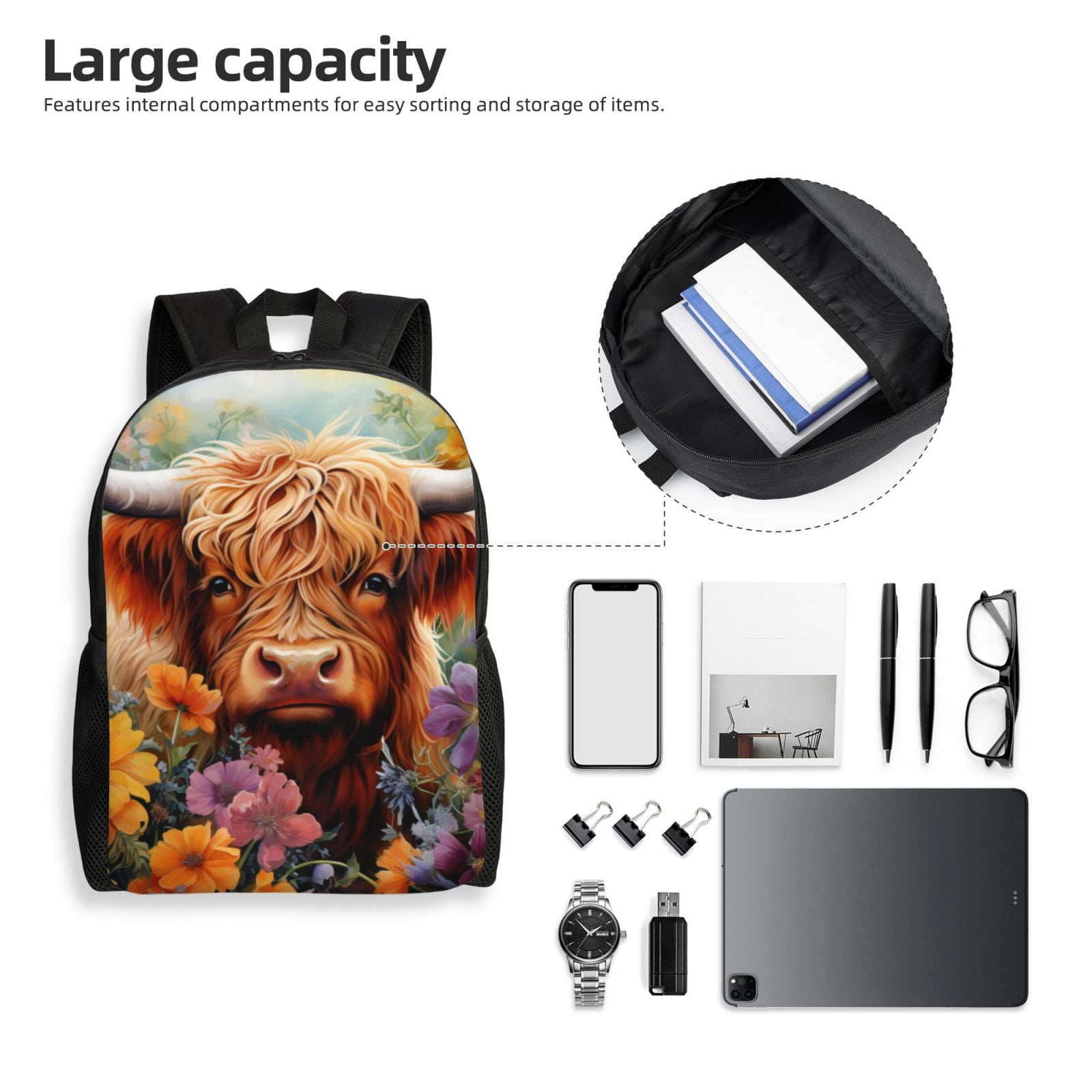 Horeoi Countryside Colorful Floral Cow Print Waterproof 600D Oxford Laptop Backpack for School Travel Work - Lightweight Durable Bag with Adjustable Straps