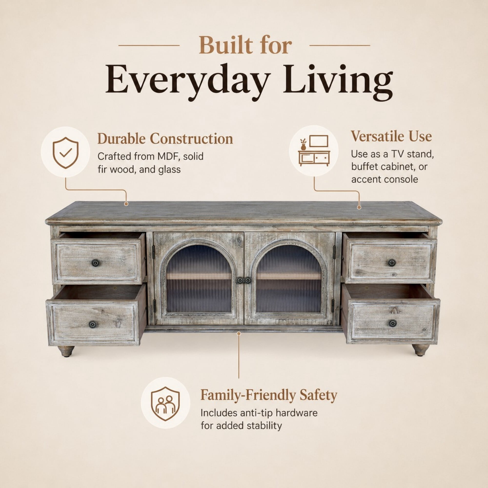 AENKYO 60 Inch Farmhouse TV Stand with 4 Drawers & 2 Glass Doors, Rustic Media Console – Gray Wash
