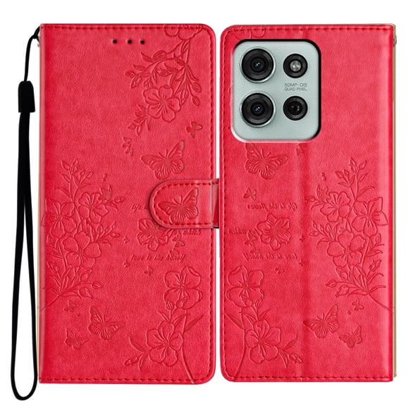 ELEHOLD For Moto G Stylus 5G (2025) Flip Wallet Case with Card Slot Shockproof Floral Butterfly Pattern PU Leather Full Body Protective Cover with Wrist Strap, Red