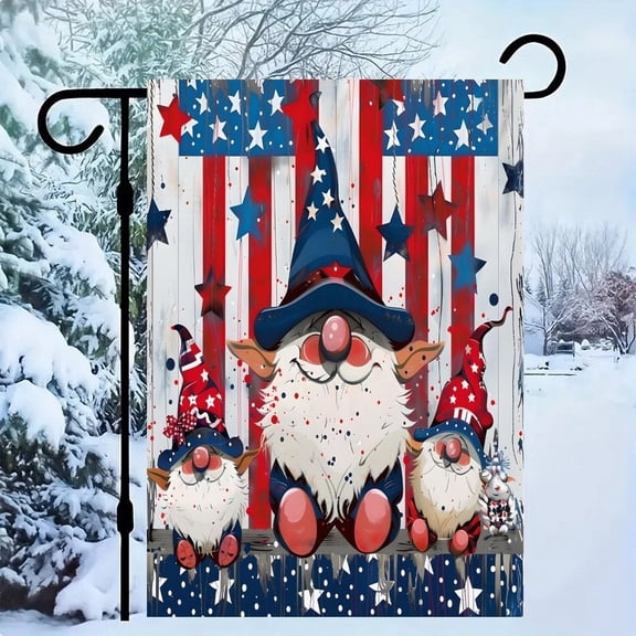 RKSupls Patriotic Linen Double Sided Garden Flag, Independence Day Themed Yard Decor, Gnomes Graffiti Stripes Outdoor Banner for Holiday Lawn