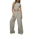 thumbnail image 3 of Women 2 Piece Sets Summer Striped Outfits Matching Short Sleeves Top Wide Leg Lounge Pants Travel Cream White L, 3 of 9