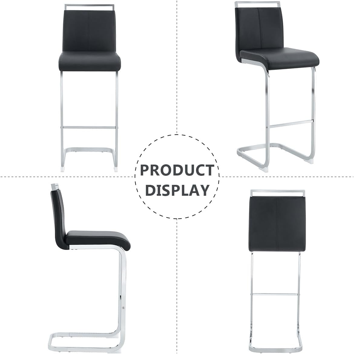 Lecut 30" Counter Height Bar Stools Set of 2, Modern Upholstered PU Leather Bar Stools with Back and Silver Chrome Plated Metal Frame, Armless Bar Chairs for Kitchen Island (Black+Silver)