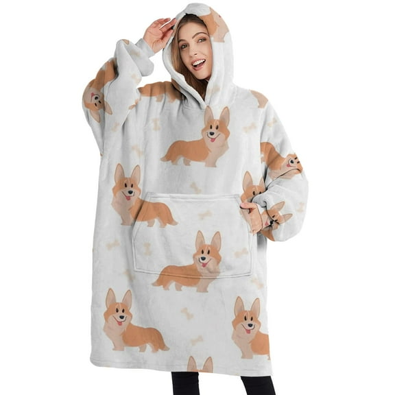 Oversized Wearable Blanket Hoodie,Cartoon Corgi Sherpa Blanket Hoodie with Super Pockets,Super Warm Fuzzy Pullover for Women & Men
