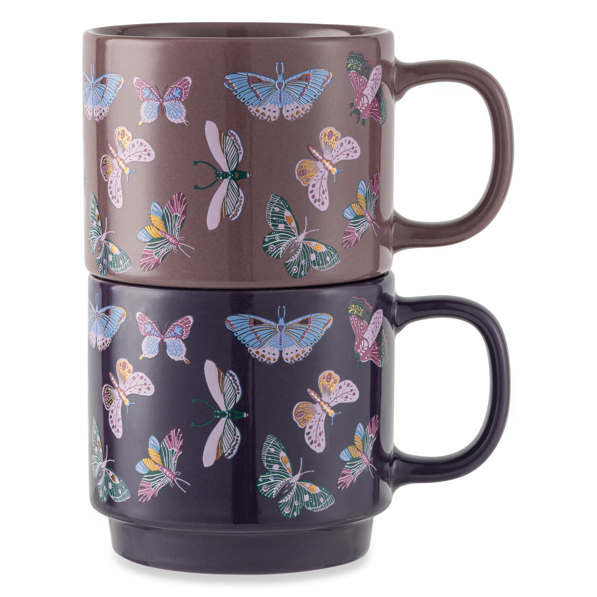 Thyme & Table 2 Pack Stacking Butterfly Purple Mugs 14.2 fl oz, Stoneware