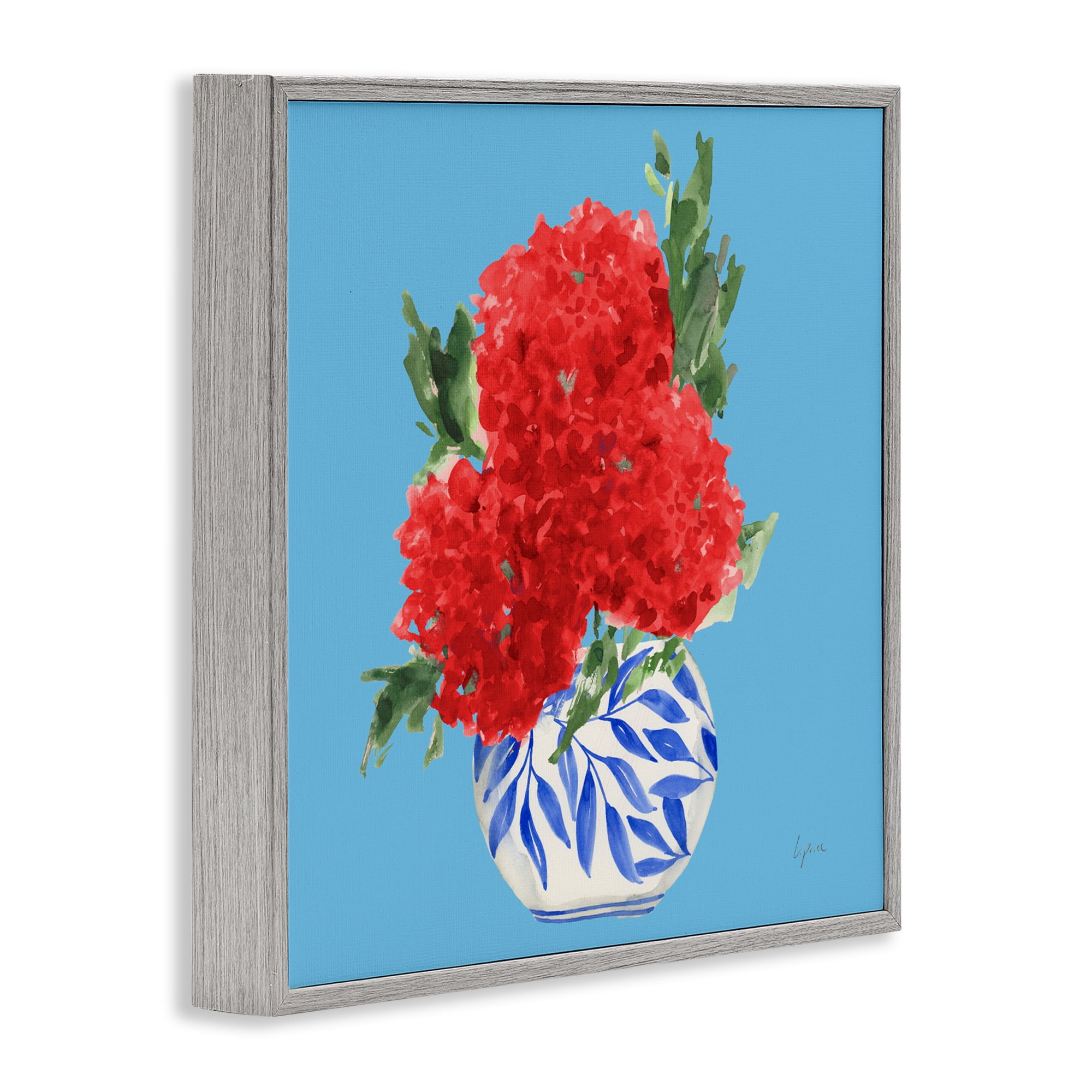 Stupell Industries Red Hydrangeas Blue Vase Gray Framed Giclee Art, design by Lucille Price