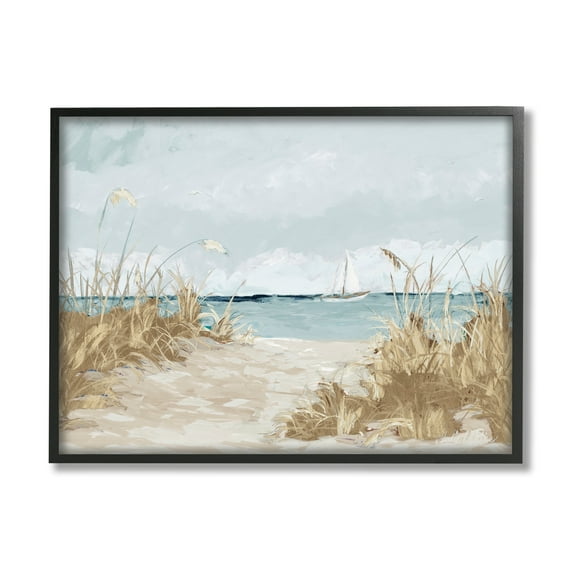 Stupell Industries Sandy Beach Walkway Distant Sailboats Floating Sea Painting Black Framed Art Print Wall Art, Design by Julie Derice