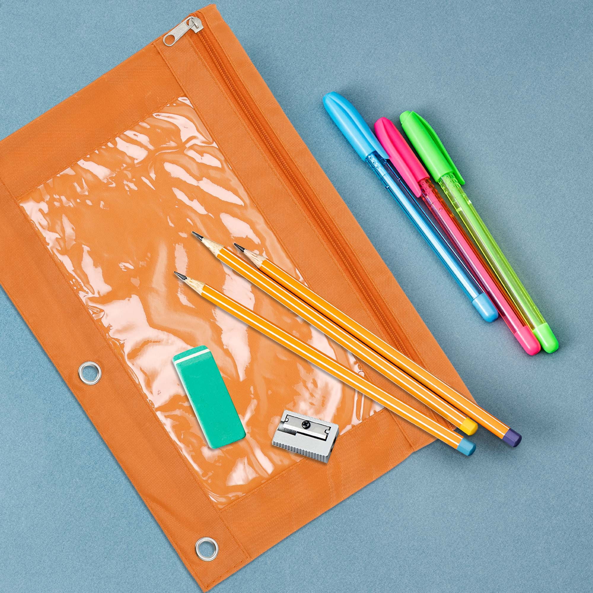 Unique Bargains Pencil Case for 3 Ring Binder, Double Layer, Smooth Zipper Orange