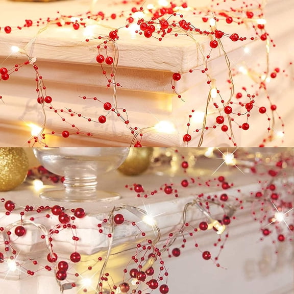 Christmas Festive Lighted -10FT/30LED Berry Beaded Garland for Indoor Decorations Xmas, Thanksgiving, Home Table Decor(Red)