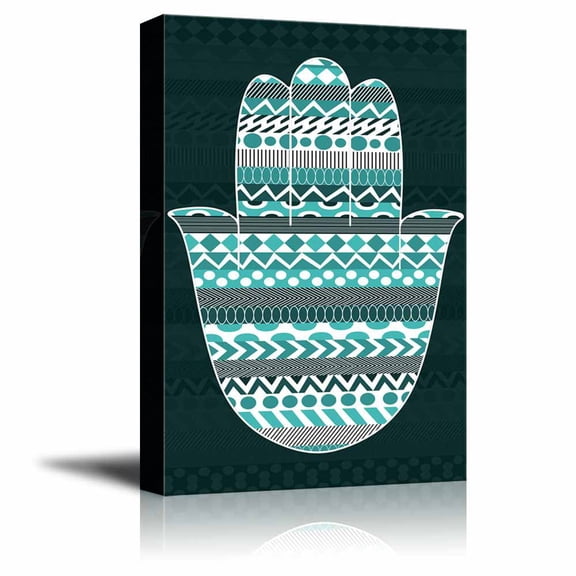 Wall26 Teal Silouhette zentangled Hamsa on a Dark Teal Zentangle Background - Canvas Art Home Decor - 24x36 inches