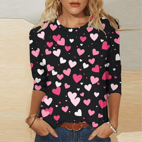 CFLVAEK Valentines Day 3/4 Sleeve Shirts Women Plus Size Round Neck T Shirts Cute Heart Graphic Tshirts Valentine's Day Gifts for Women XXXL