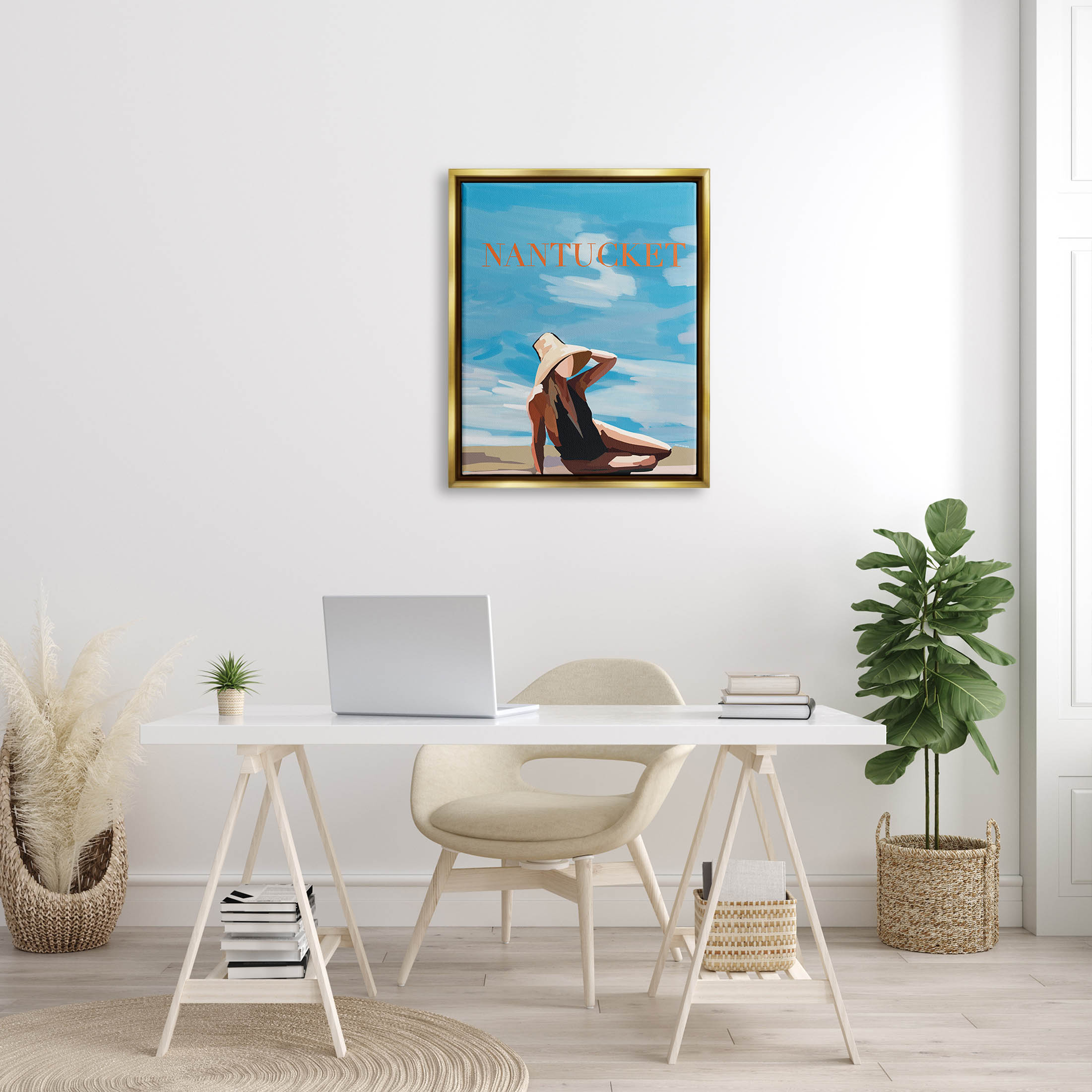 Stupell Industries Nantucket Summer Beach Girl Graphic Art Metallic Gold Floating Framed Canvas Print Wall Art, Design by Amelia Noyes