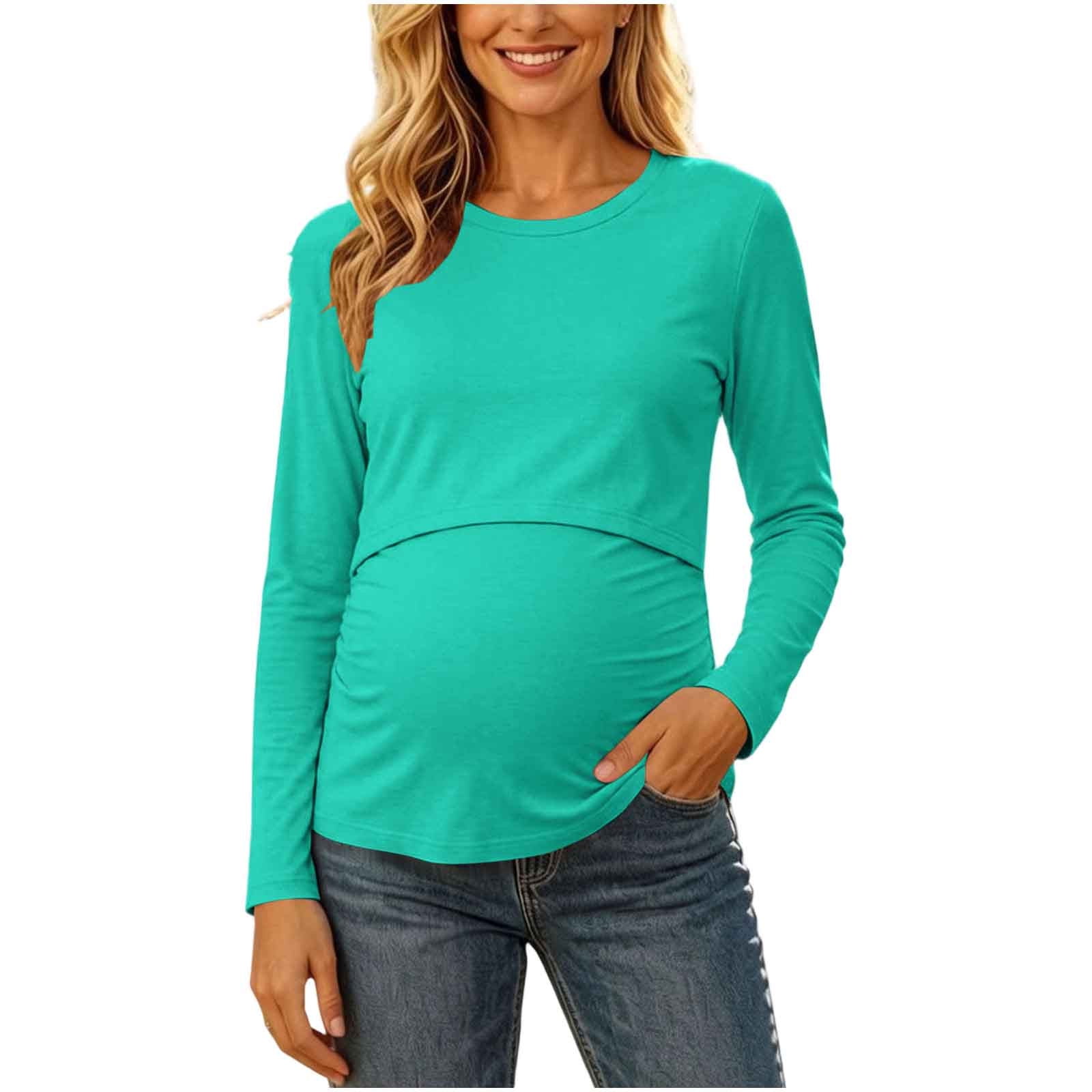 Admvng Maternity Nursing Long Sleeve Top Round Neck Layered Lift Up Breastfeeding Shirt Soft Stretchy Pregnancy Tee