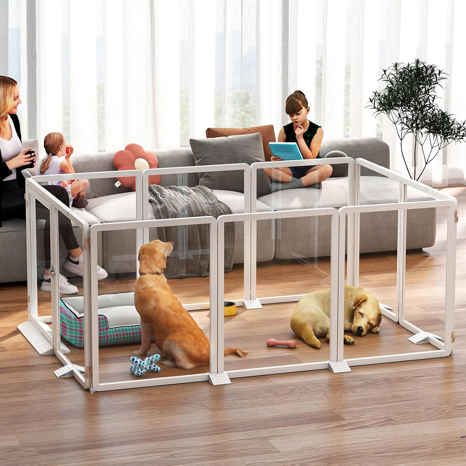 Slsy Indoor Clear Dog Playpen, Foldable Dog Playpen for Puppies, Cats and Small Animals, 26 Inch Clear Pet Puppy Playpen, 10 Panels, White Aluminum Frame