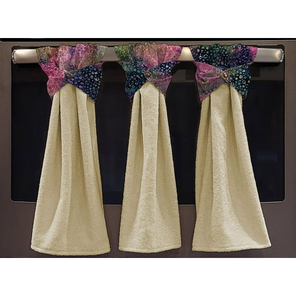 Batik Tie Dye Wraparound Snap Hanging Towels (Set of 2) by Penny's Needful Things (Pink Blue Green Spots) (Terrycloth Color: Yellow)