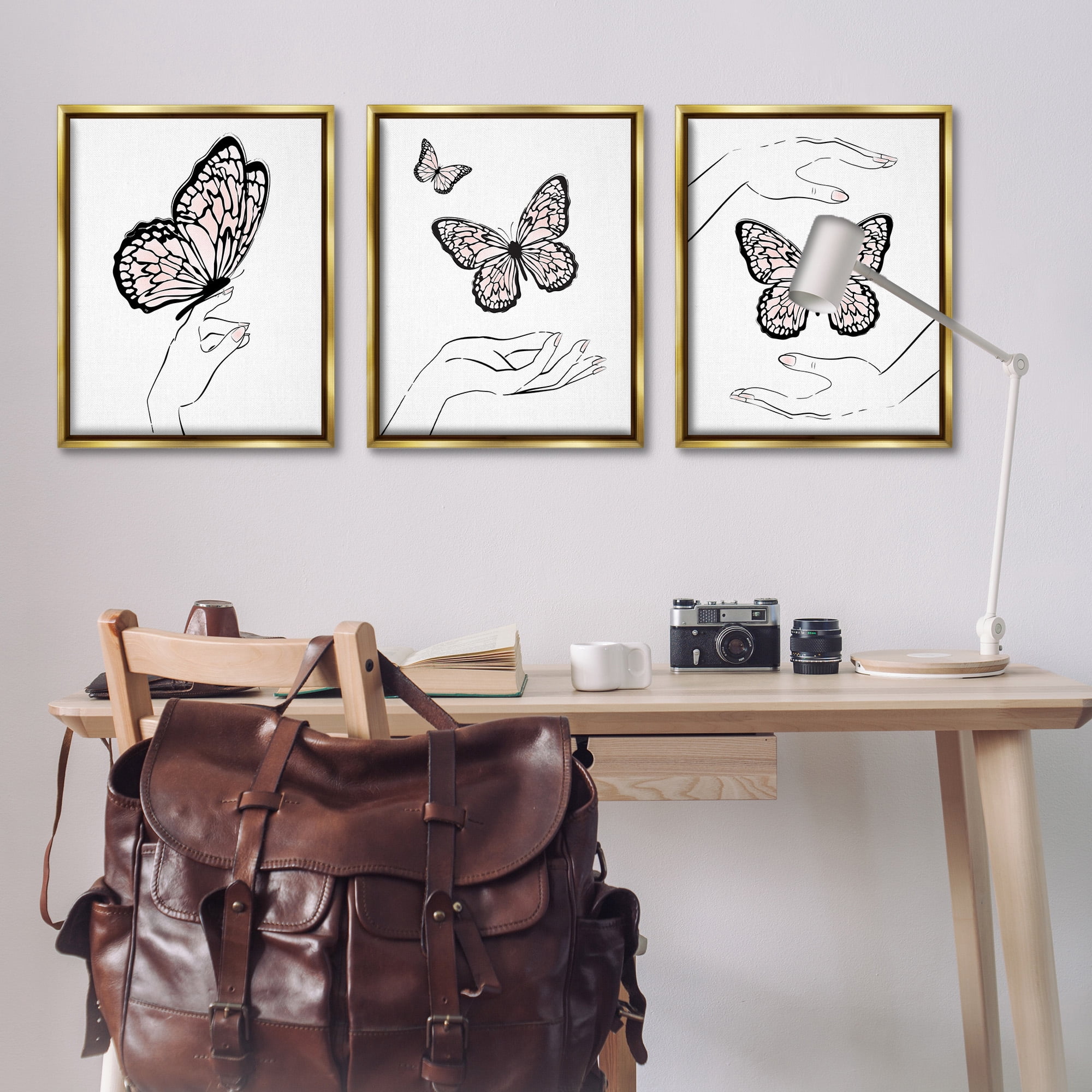 Stupell Industries Hands with Butterflies Animals & Insects Painting Gold Floater Framed Canvas Art Print Wall Art, 25 x 31, Set of 3