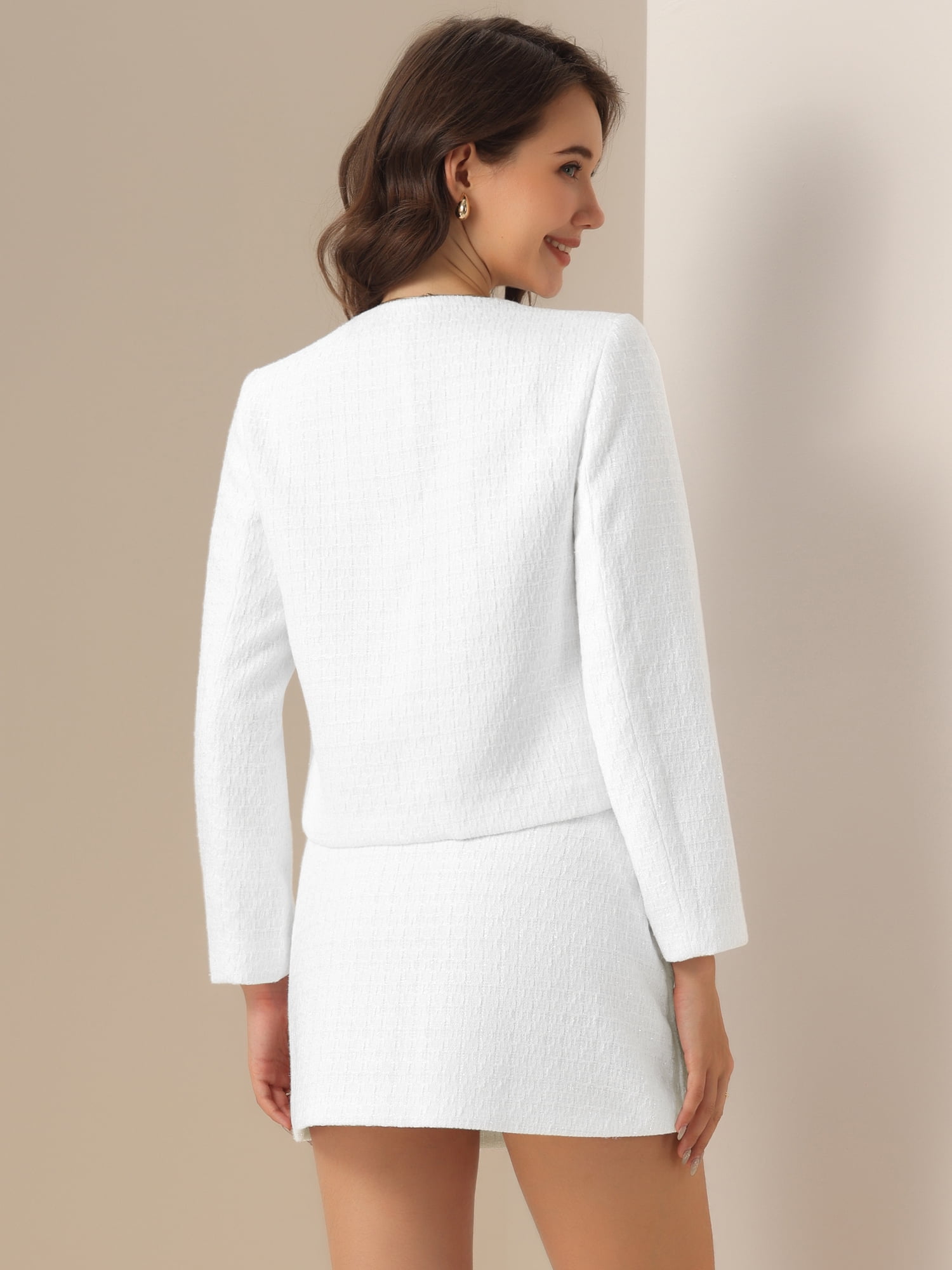 DARING DIVA 2Pcs Women's Elegant Business Blazer Skirt Tweed Suit Set XL White