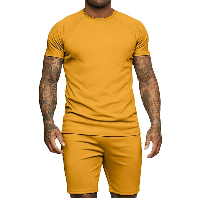 Cameland Ensemble d'Été pour Hommes 2 Pcs Décontracté Col Rond Manches Courtes et Shorts de Sport Ajustés