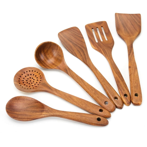 6 Piece Teak Wooden Cooking Utensils Set Non-Stick Easy to Clean Wooden Spoons for Cooking Heat Resistant Cookware Accessories