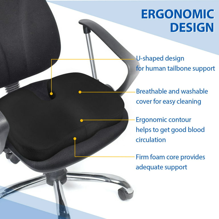 Seat Cushion for Office Chair, Memory Foam Seat Cushion,Tailbone, Sciatica,  Lower Back Pain Relief, Chair Cushion for Car, Black 