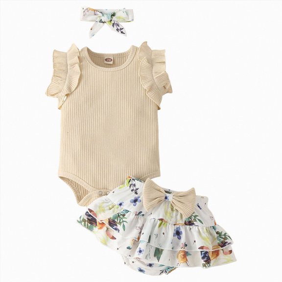 KPOPLK 3Pcs Baby Girl Clothes Newborn Set Infant Romper Short Sleeve Floral Print Skirt Shorts Bow Headband Summer Outfit(9-12 Months,Beige)