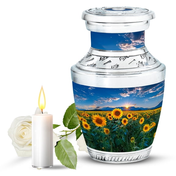 JAGASY Sunflower Handmade Urn for Boy, Blue Small Keepsake Urns for Human Ashes for Women, Sunset Mountain Sunflower Field Decorative Urns for Friends, Burial Cremation Urn for Girl, (3 Inch)