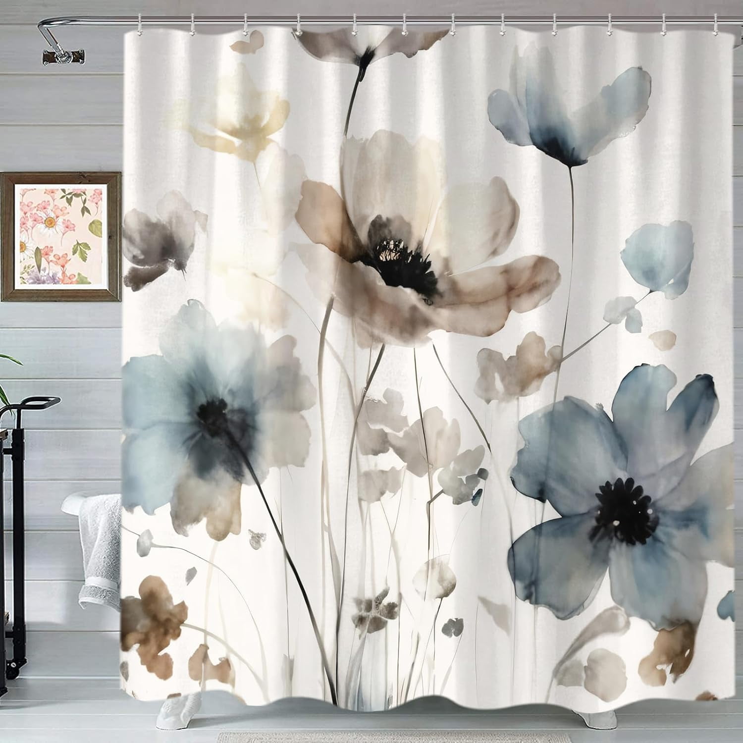 Boho Floral Shower Curtain, Cream Tan Beige Blue Grey White Watercolor Flower Fabric Shower Curtains Set for Bathroom Decoration with Hooks 72 X 72 inch Cute Farmhouse Bath Decor