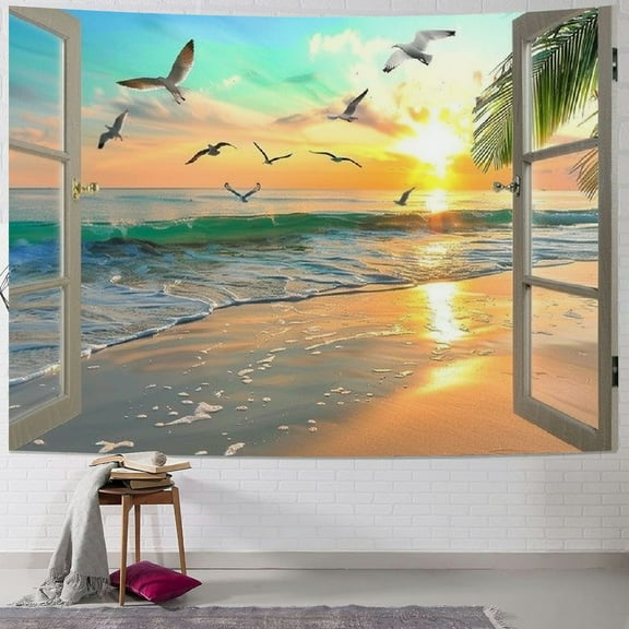 PRATYUS Nature Landscape Tapestry, Cozy Outside of Window Tropical Palm Tree Beach Sea Mew Sunset Scenery Tapestry Wall Hanging, Colorful Bedroom Living Room Dorm Decor  Painting