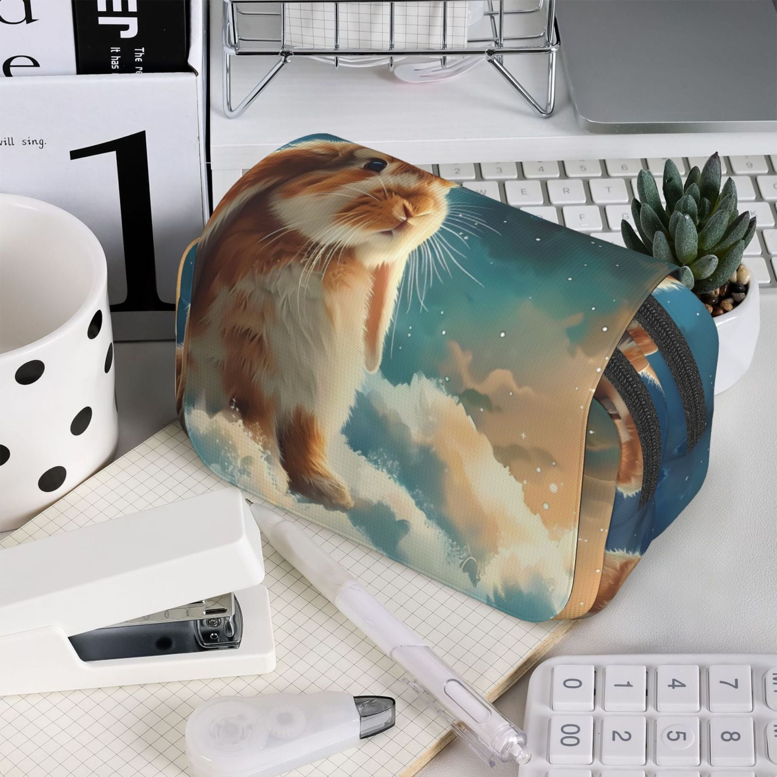 Rateoe Starry Sky Cloud Cute Rabbit Pattern Double Clamshell Pen Case, Storage Organizer with Two Zipper Compartments– Holds Up to 50 Pencils & Pens