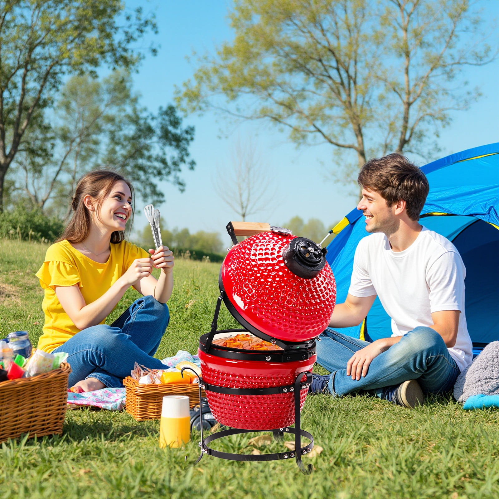 BAYUELSWU 13in Round Ceramic Charcoal Grill, Kamado Grill Charcoal BBQ Grill Portable Cooking for Backyard, Camping, Garden, Patio (Red)