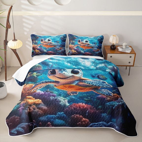 Erosebridal Teens Cartoon Sea Turtle Twin Quilt Set,Boys Girls Kawaii Coastal Ocean Animal Twin Coverlet Set