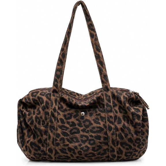 SPEKSEE Vintage Leopard Print Canvas Shoulder Bag, Large Capacity Zipper Tote Handbag, Front Pocket Casual Weekender Bag for Commuting, Travel, Gym, Shopping