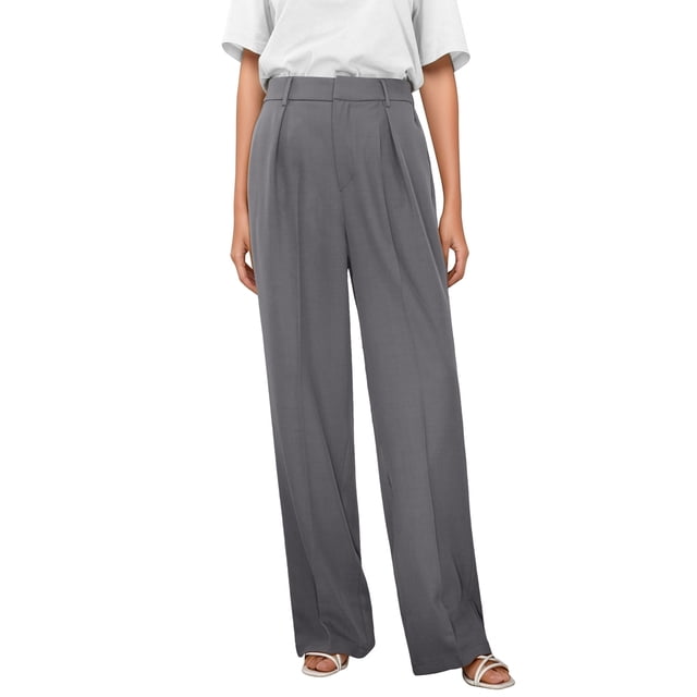 Pantalones de trabajo de mujer, de pierna ancha y cintura alta - Poliéster y spandex, estilo informal de negocios, bolsillos delanteros plisados, ropa para la oficina y las vacaciones