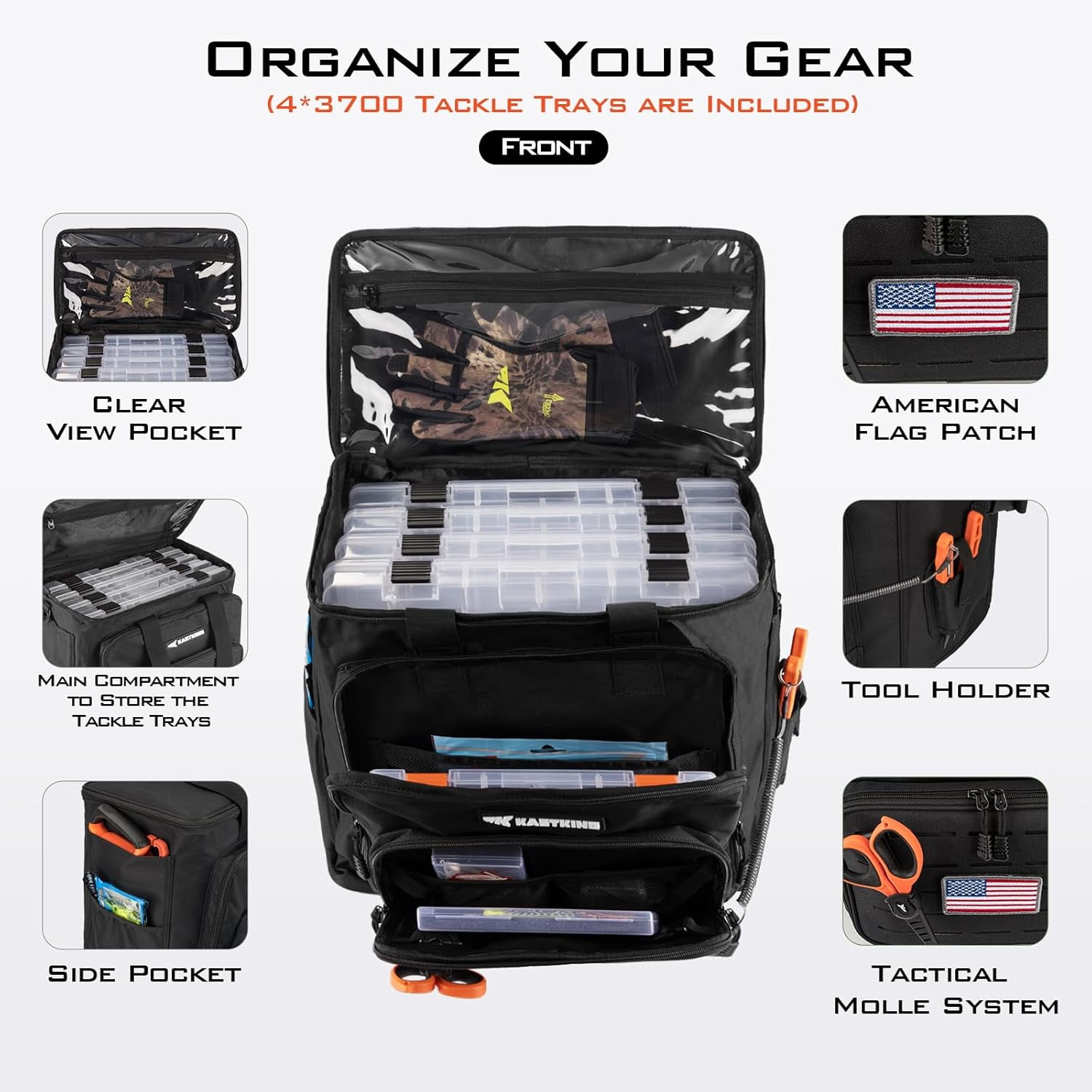 KastKing Fishing Tackle Bags with 4 * 3700 Tackle Trays, Fishing Gear Storage-Karryall Black