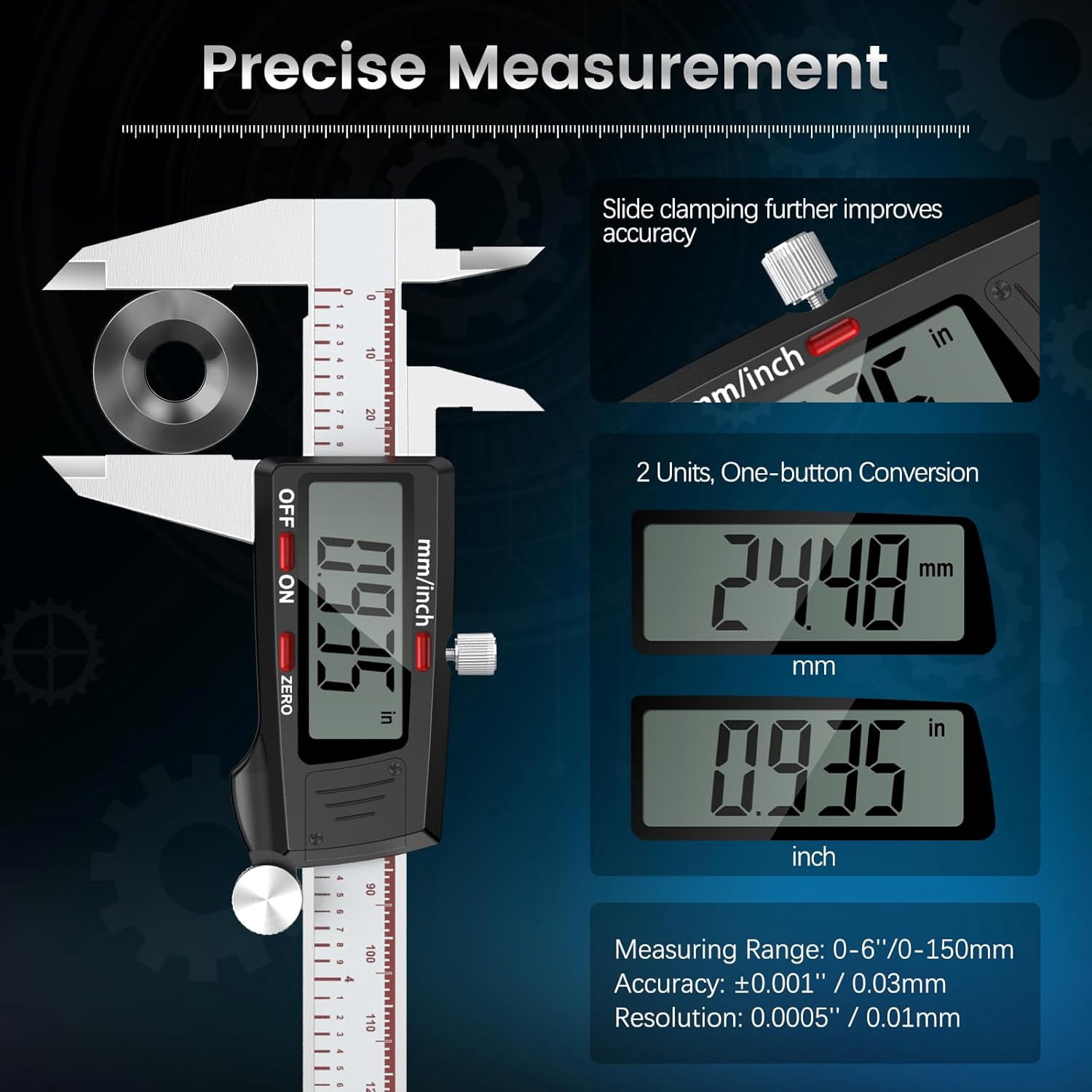 Digital Caliper 6 Inch, Caliper Measuring Tool with Large LCD Screen, Inch/MM, 4 Measuring Ways, Auto-Off LCD Stainless Steel Micrometer Vernier Caliper for Printing Jewelers Woodworkers