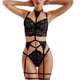 thumbnail image 1 of Conjunto de lencería Nikou con liguero para mujer 3 piezas escote en V profundo cuello halter tiras de encaje negro M, 1 of 12