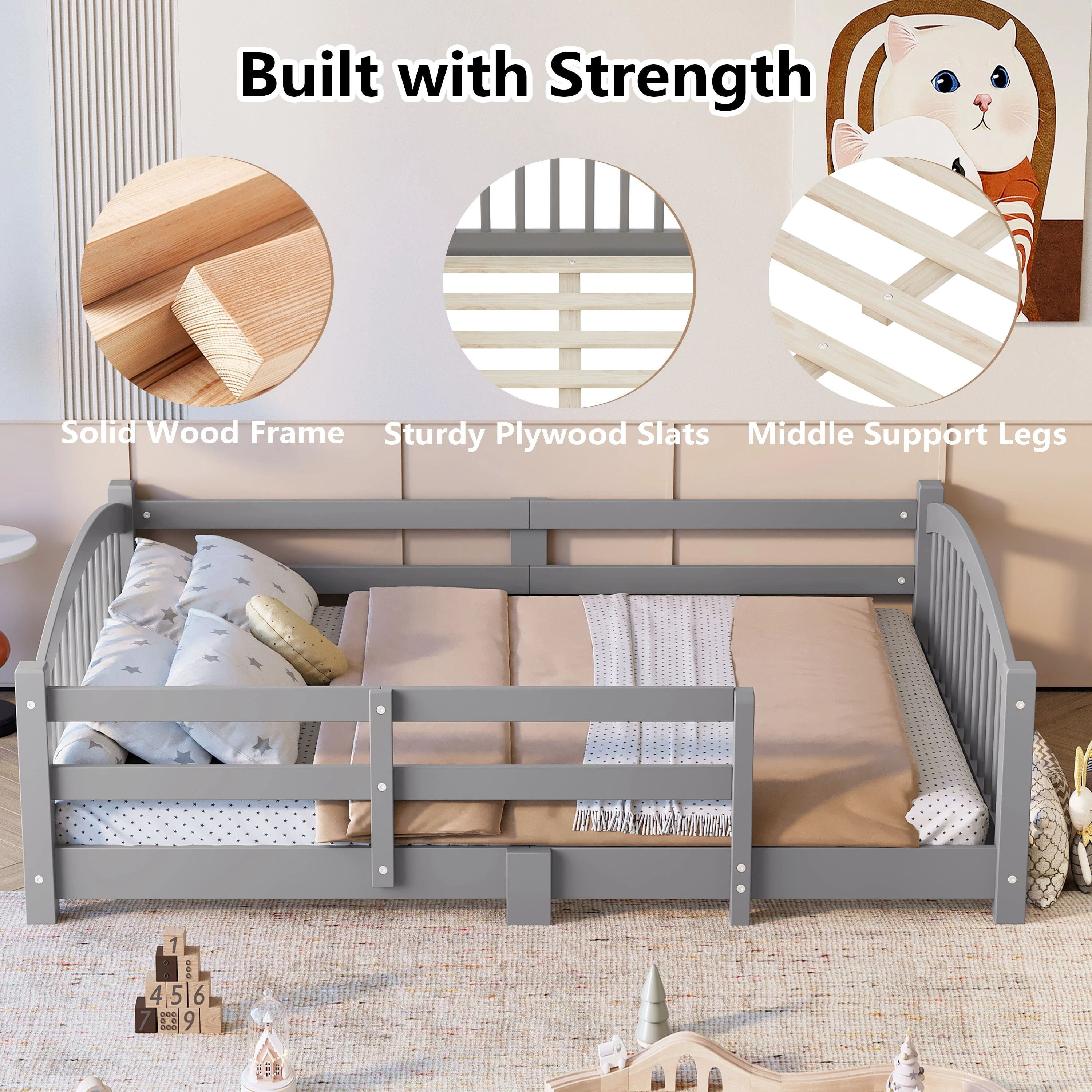 MODERNLUXE Twin Floor Bed with Slats and Safety Guardrails, Montessori Floor Bed with Fence and 1 Opening,Solid Wood Twin Size Bed Frame for Girls and Boys, Gray