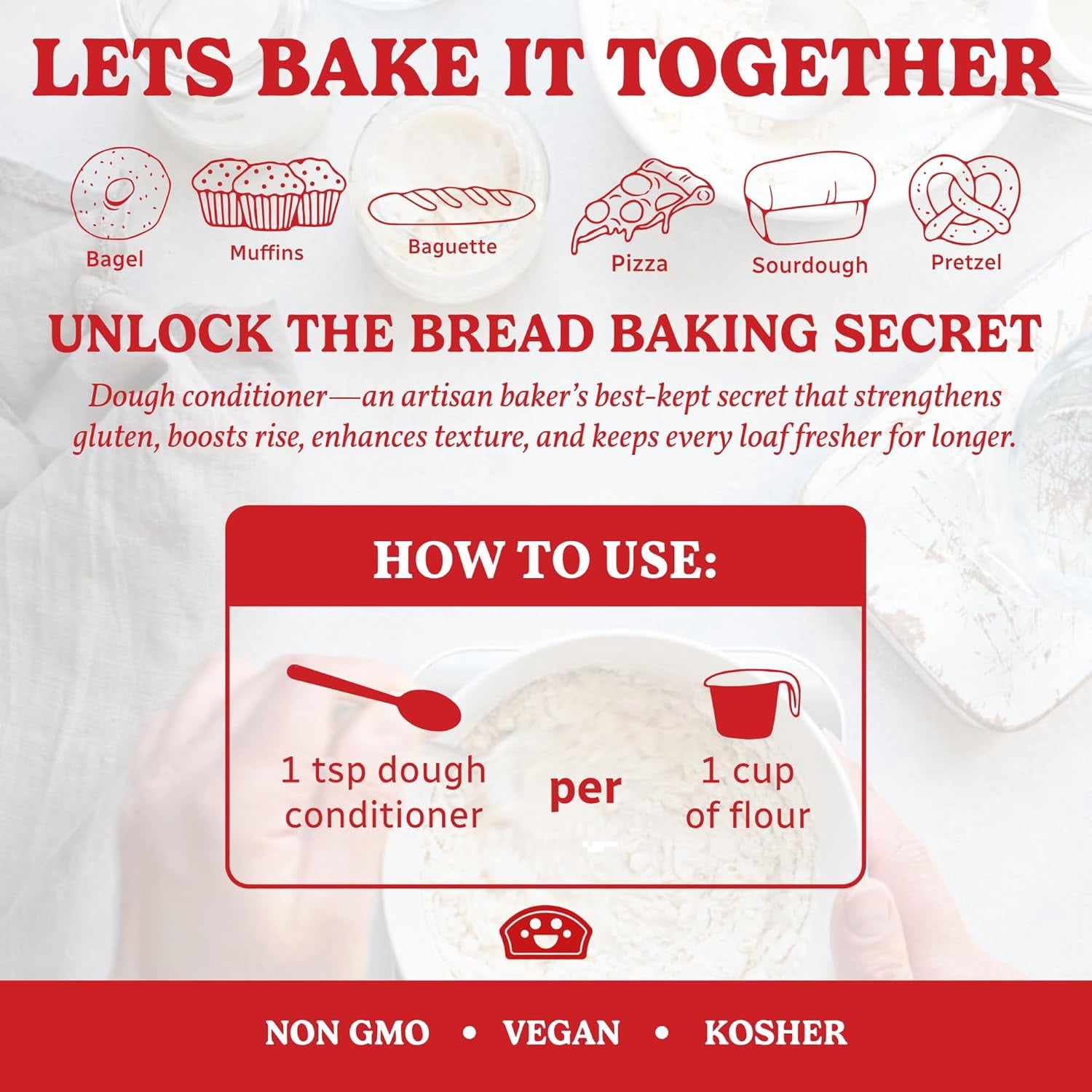 Bakers Club Artisan Dough Conditioner – Bread Improver & Baking Enhancer for Better Texture, Volume & Shelf Life – Sourdough, Pizza Crust, Bagels, Muffins, Cakes, Cookies & Enhances Any Flour 10o