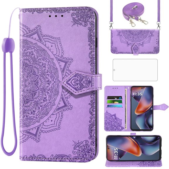 Asuwish Screen Protector Included Mandala Flower Hard Shell Wallet Cell Phone Case with Tempered Glass Screen Protector for Motorola Moto G 5G 2025, Purple