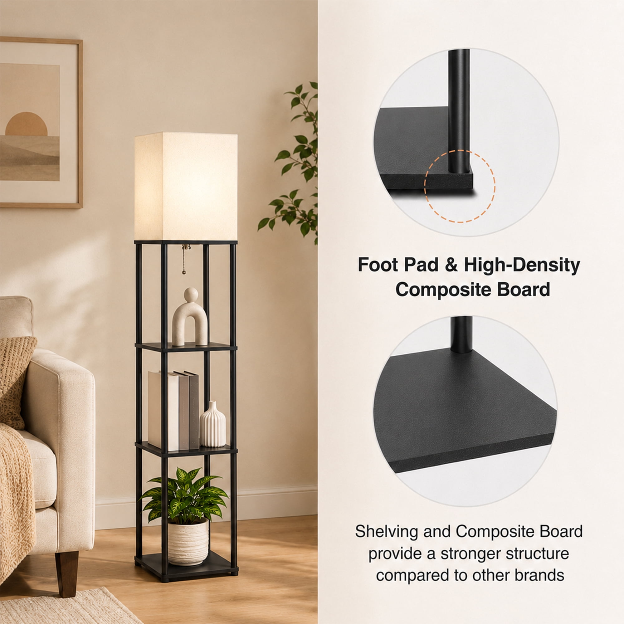 DAYBETTER Floor Lamp With Shelves, 62” Black Shelf Floor Lamp with 9W LED Bulb, 3 Color Temperature, Modern Standing Lamp for Living Room, Bedroom, Office, Corner