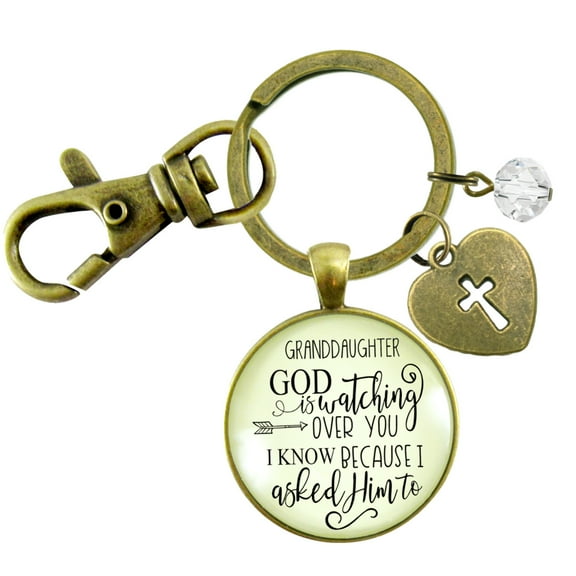 Granddaughter Keychain Gutsy Goodness Bronze Metal He Is Watching Over You Adult Female Jewelry Gift from Grandma Grandpa