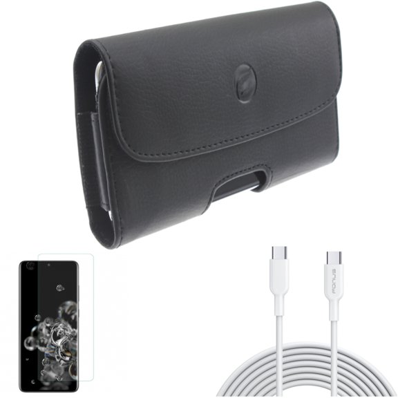 Screen Protector w Case Belt Clip w 6ft Long Type-C Cable for Samsung Galaxy S20 Ultra - Tempered Glass [Fingerprint Unlock] 3D Curved Edge, Leather Holster Cover, PD Fast fits Galaxy S20 Ultra