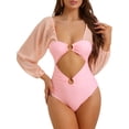 thumbnail image 1 of Bikini de una pieza con escote en V, mangas largas, malla y control de abdomen, color rosa, talla X-Large, 1 of 5